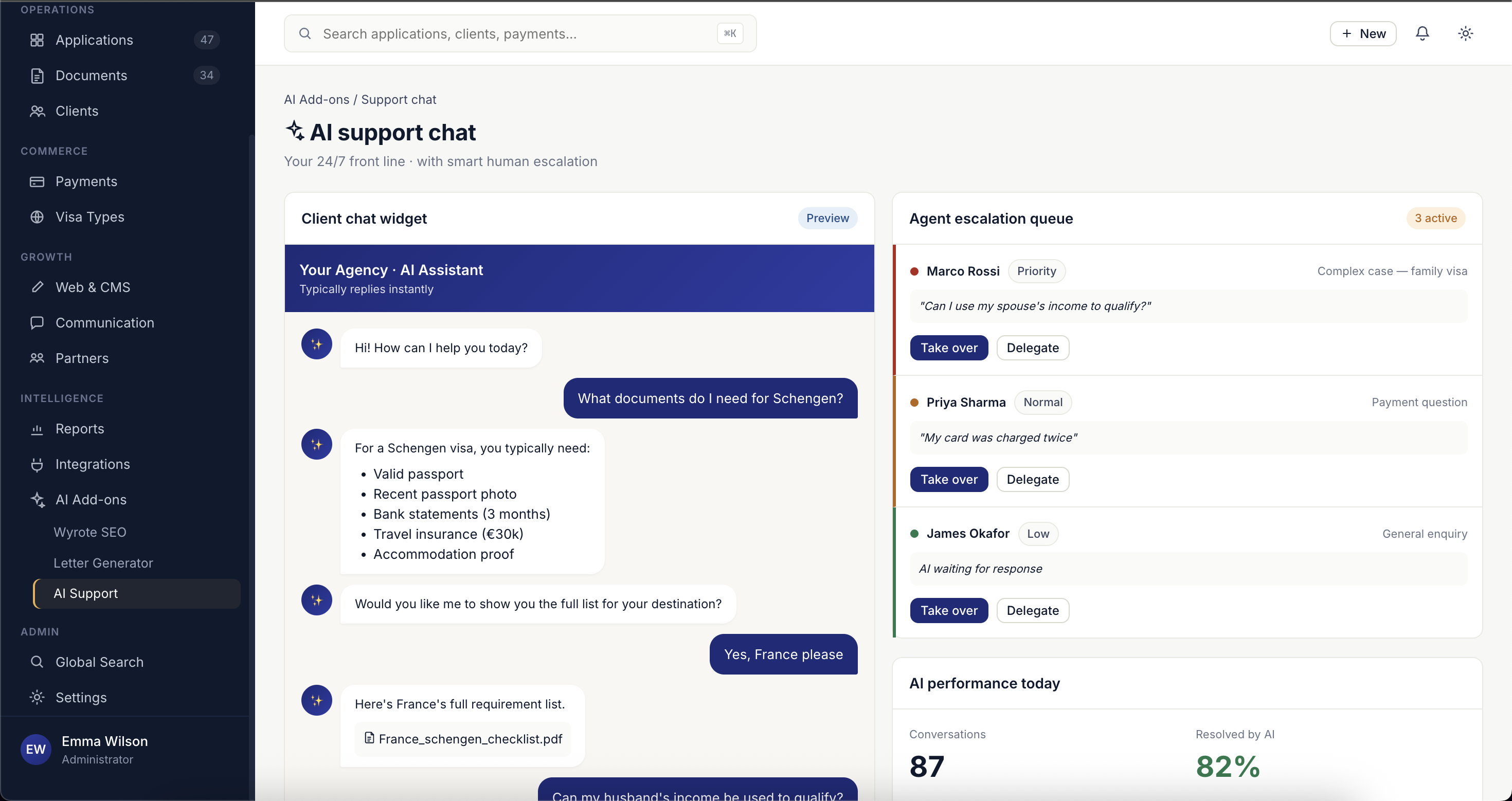 AI Add-ons screen of VisaCRM