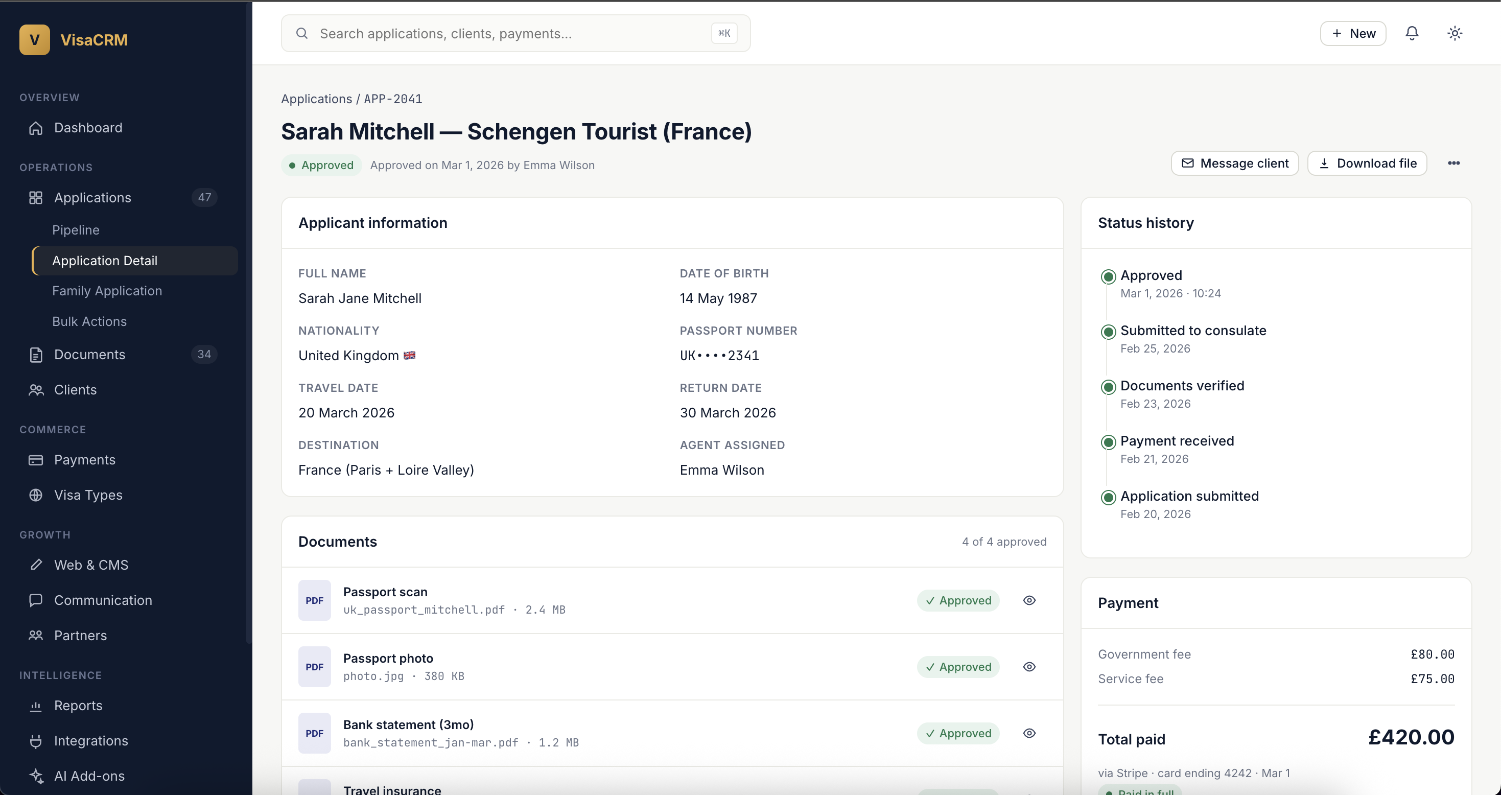 Applicant Management screen of VisaCRM