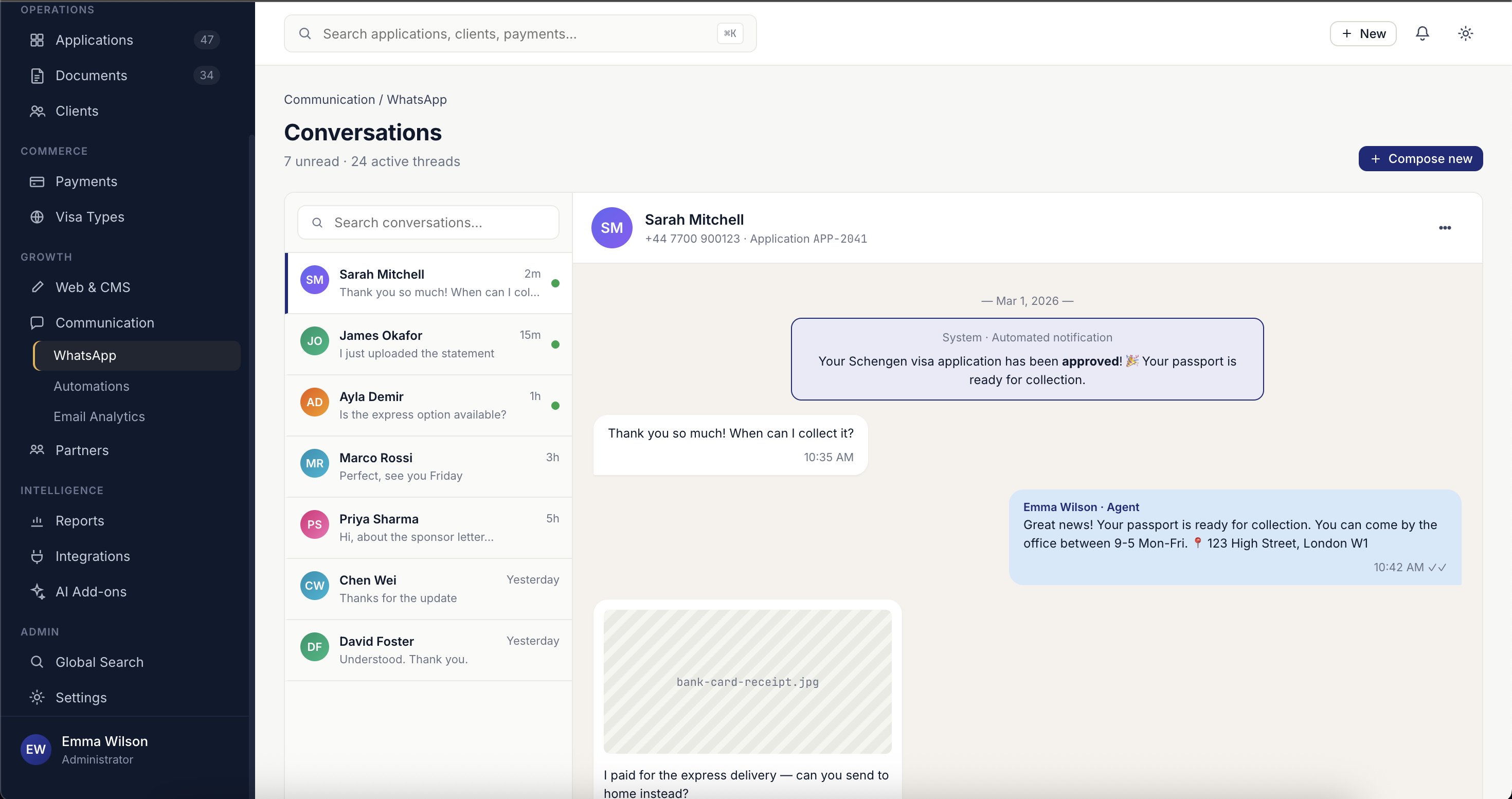 Multi-Channel Communication screen of VisaCRM