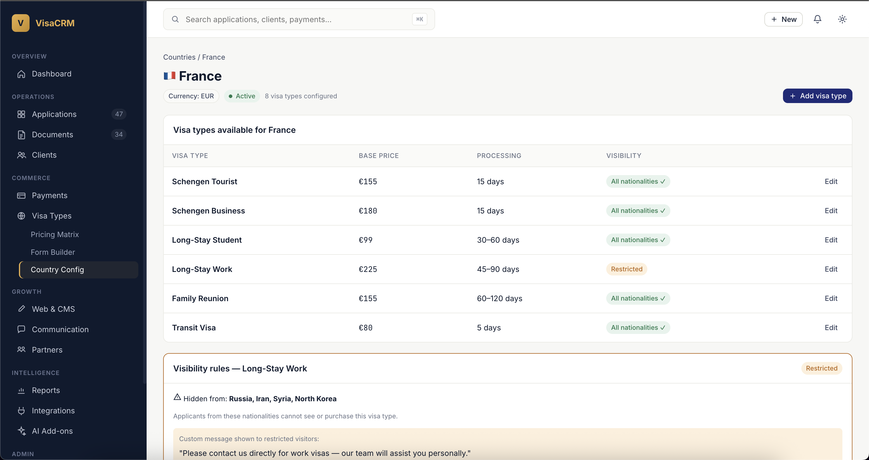 Country & Nationality Configuration — Multiple Visa Types Management