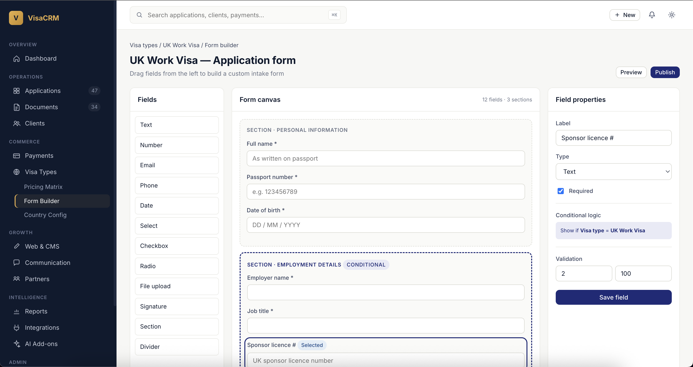 Multiple Visa Types Management screen of VisaCRM