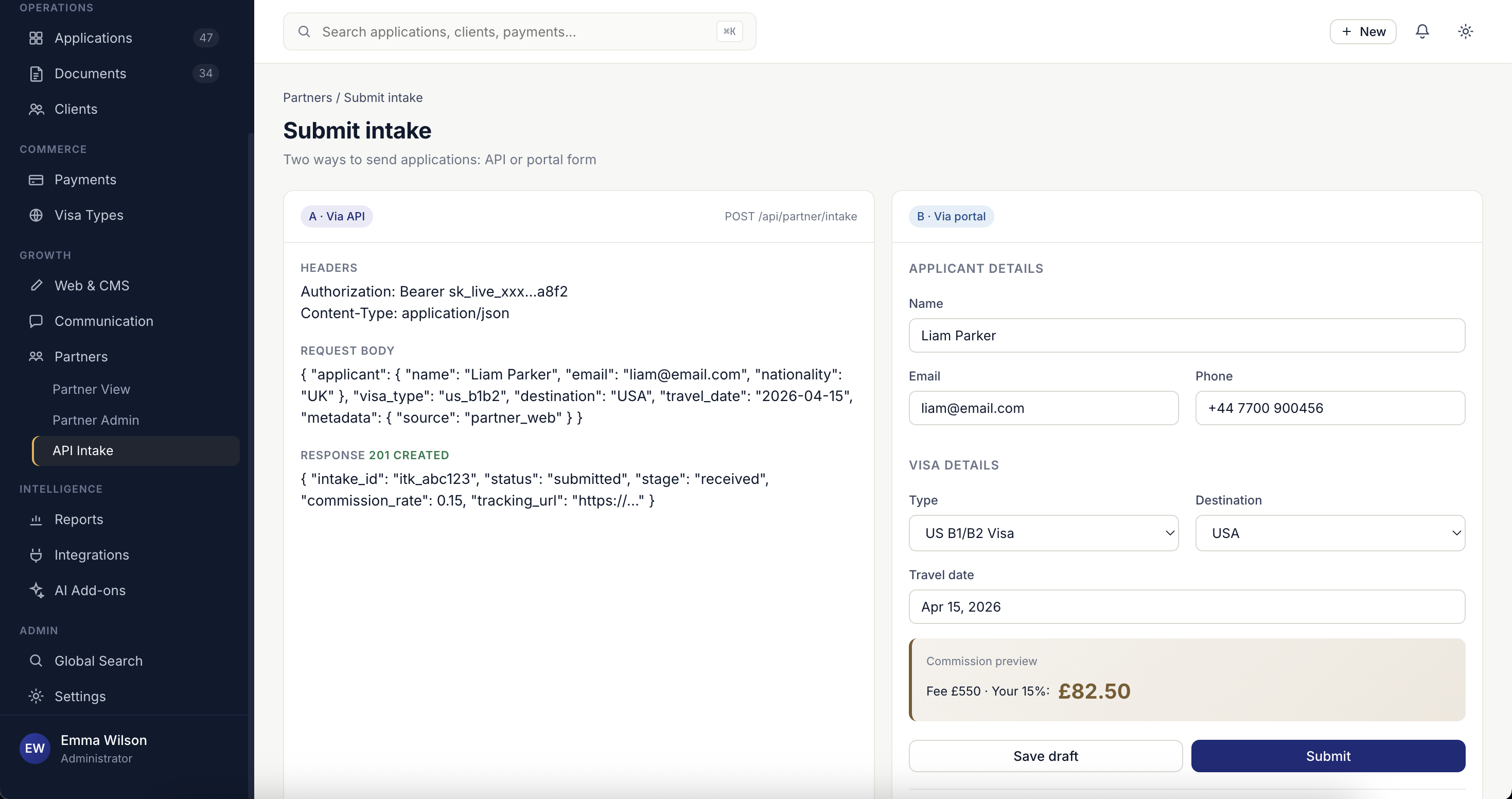 API & Integrations screen of VisaCRM