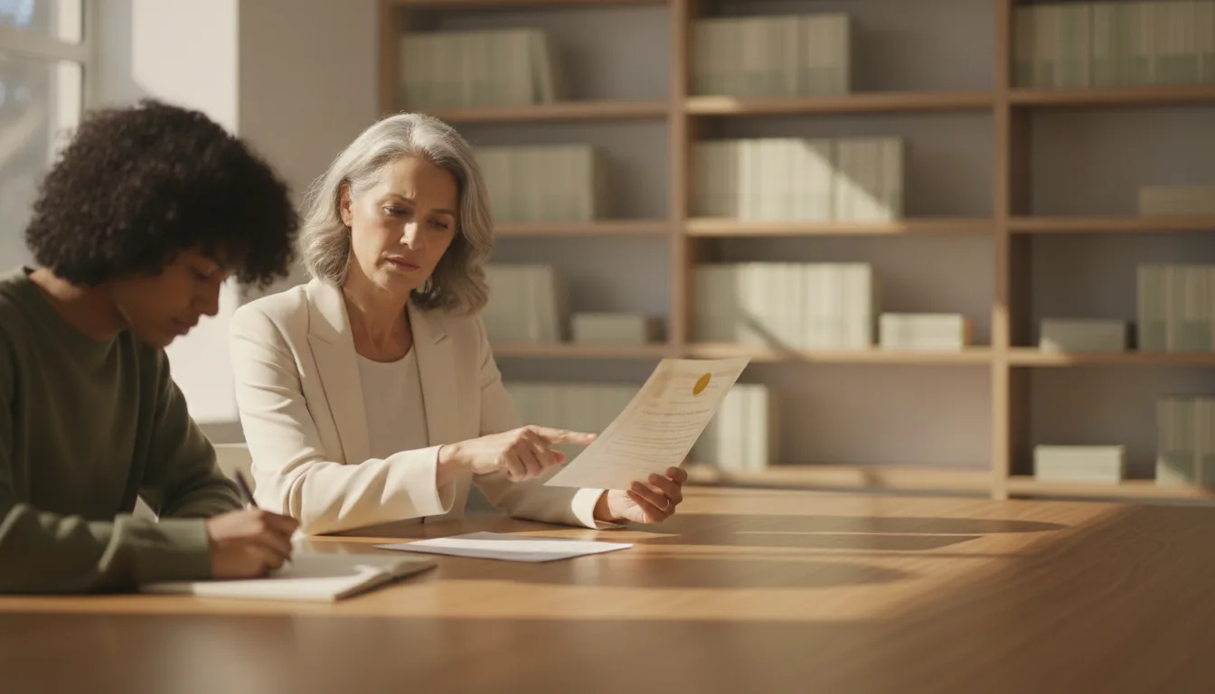 Senior immigration adviser comparing a printed draft against an original certificate while a younger colleague takes notes at a meeting table