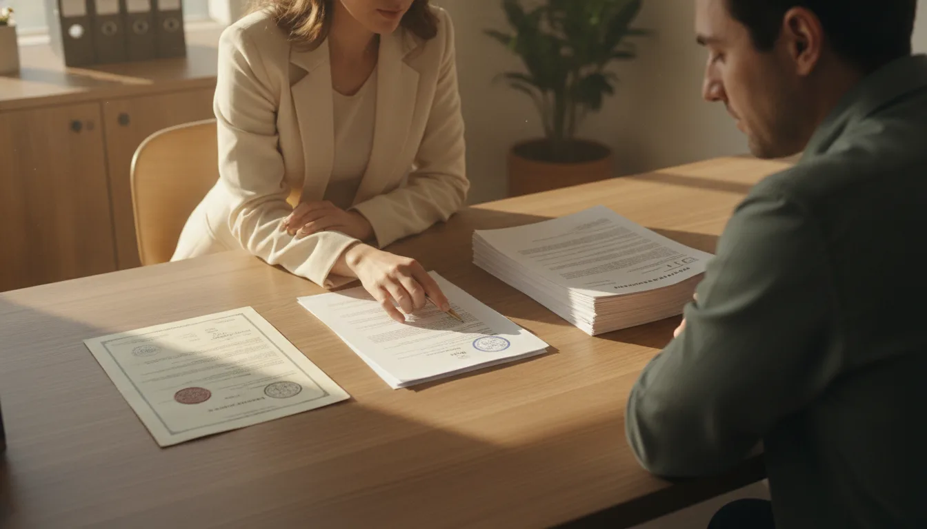 A consultant at a wooden desk laying out a birth certificate, a stamped certified copy and a stapled translation in a row, pointing to each while a client watches