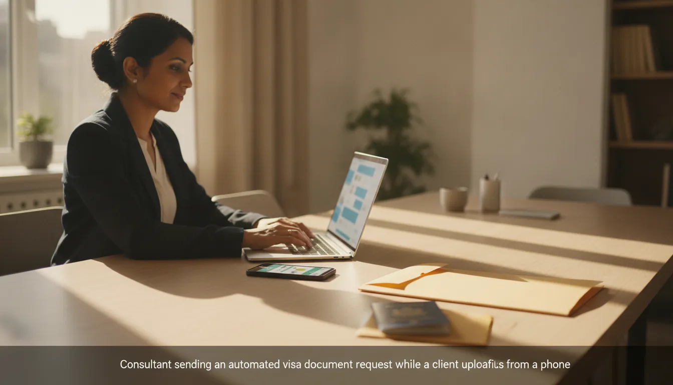 Consultant sending an automated visa document request while a client uploads files from a phone
