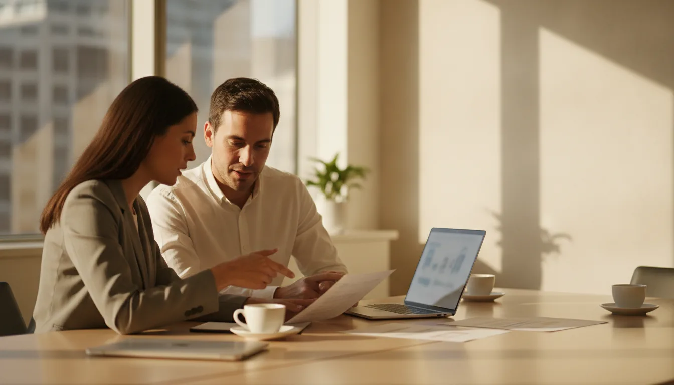 HR manager and immigration account manager reviewing a printed corporate visa case summary at a sunlit meeting table