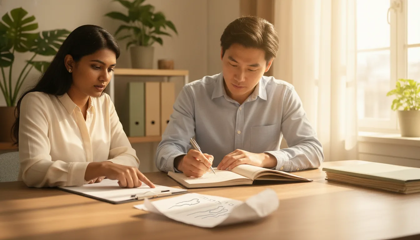 Two visa agency staff members sitting at a wooden desk, one pointing at a printed checklist while the other takes notes in a notebook