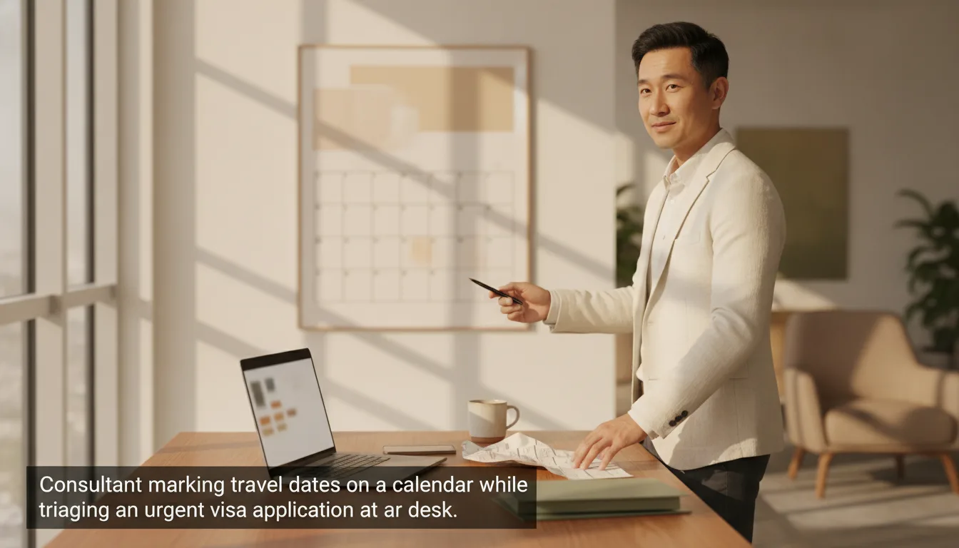 Consultant marking travel dates on a calendar while triaging an urgent visa application at a desk