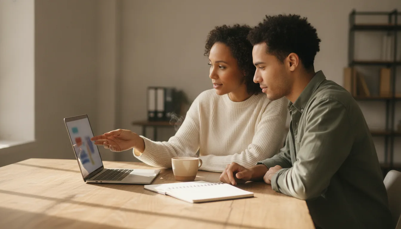Visa agency owner training a new case handler at a shared desk with a laptop