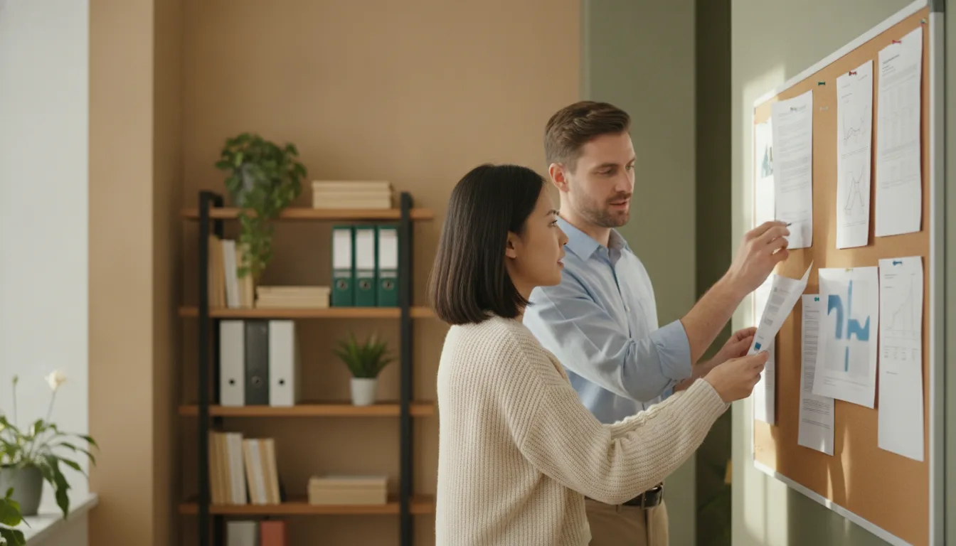 Two colleagues in a small law office pinning printed service sheets to a corkboard while discussing them