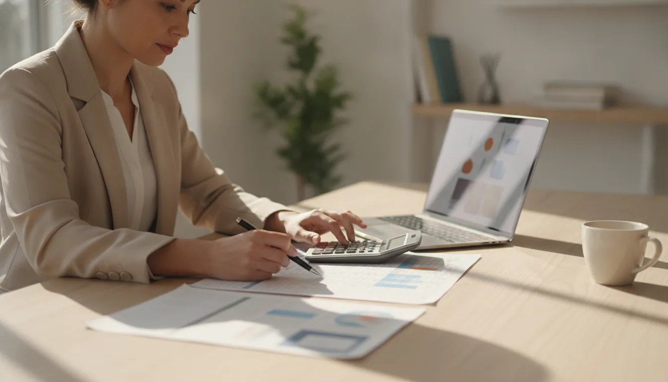 Visa agency owner reviewing a printed pricing grid with a calculator at a sunlit desk