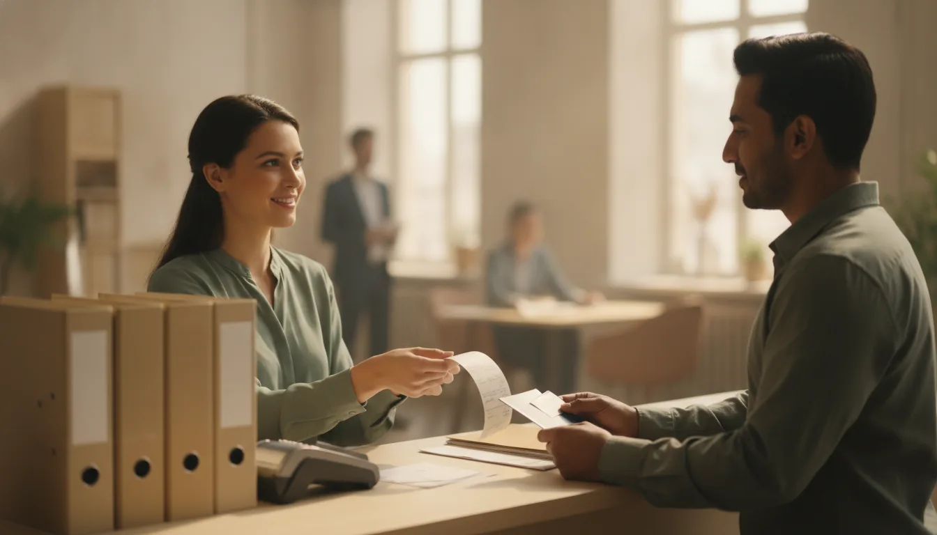 Agency staff member at a front desk handing a client a printed receipt while the client holds a passport and a payment card