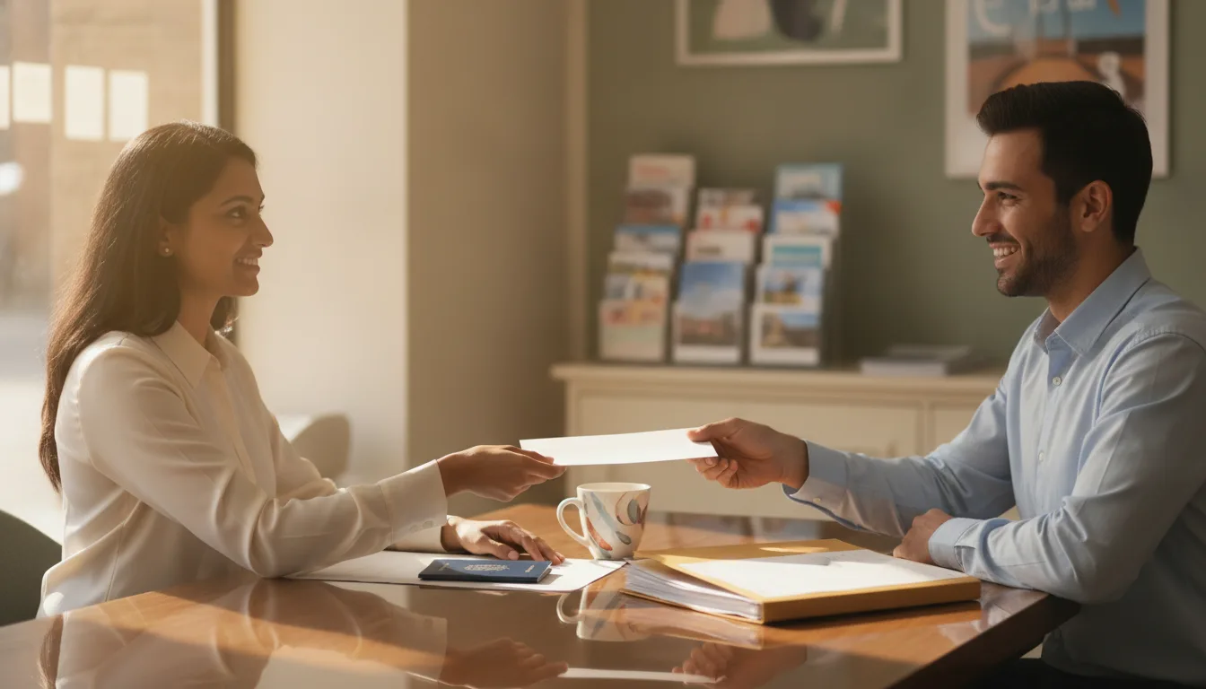 Travel agent at a desk in a bright small office handing a printed document checklist to a customer, with a passport and a stack of forms on the desk