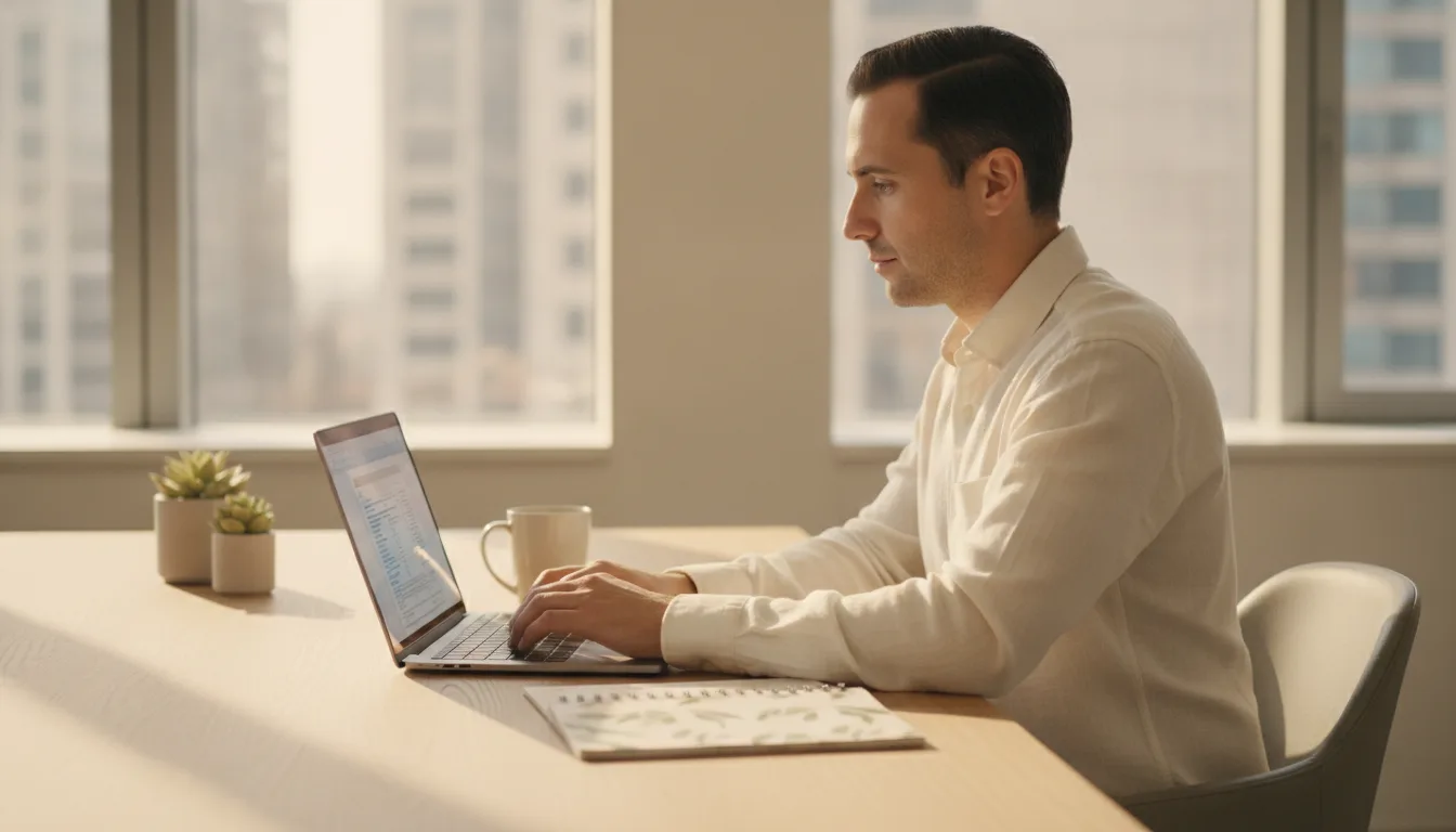 Immigration consultant checking a regulator's public register on a laptop with printed guidance and notes on a sunlit desk