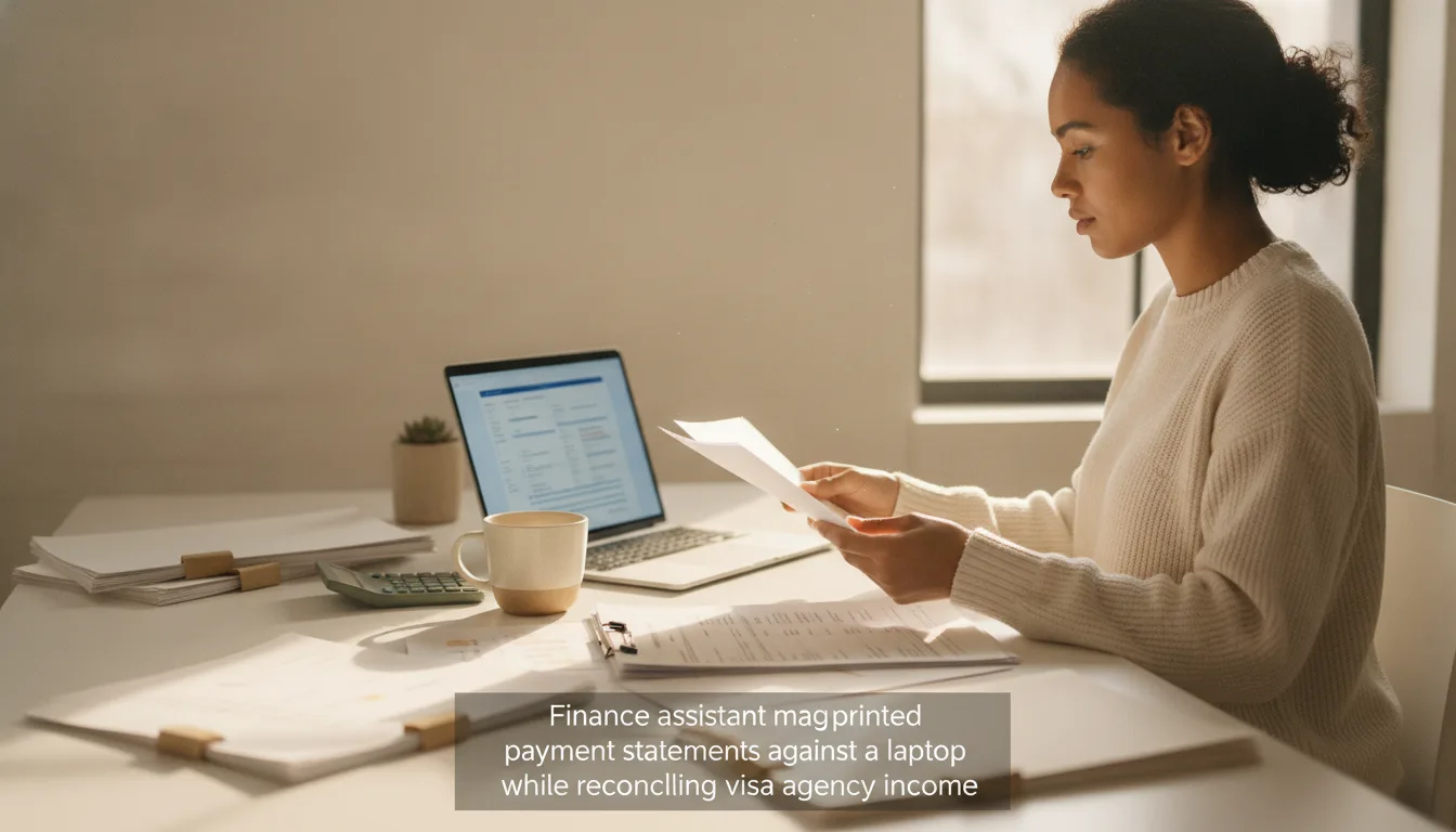 Finance assistant matching printed payment statements against a laptop while reconciling visa agency income