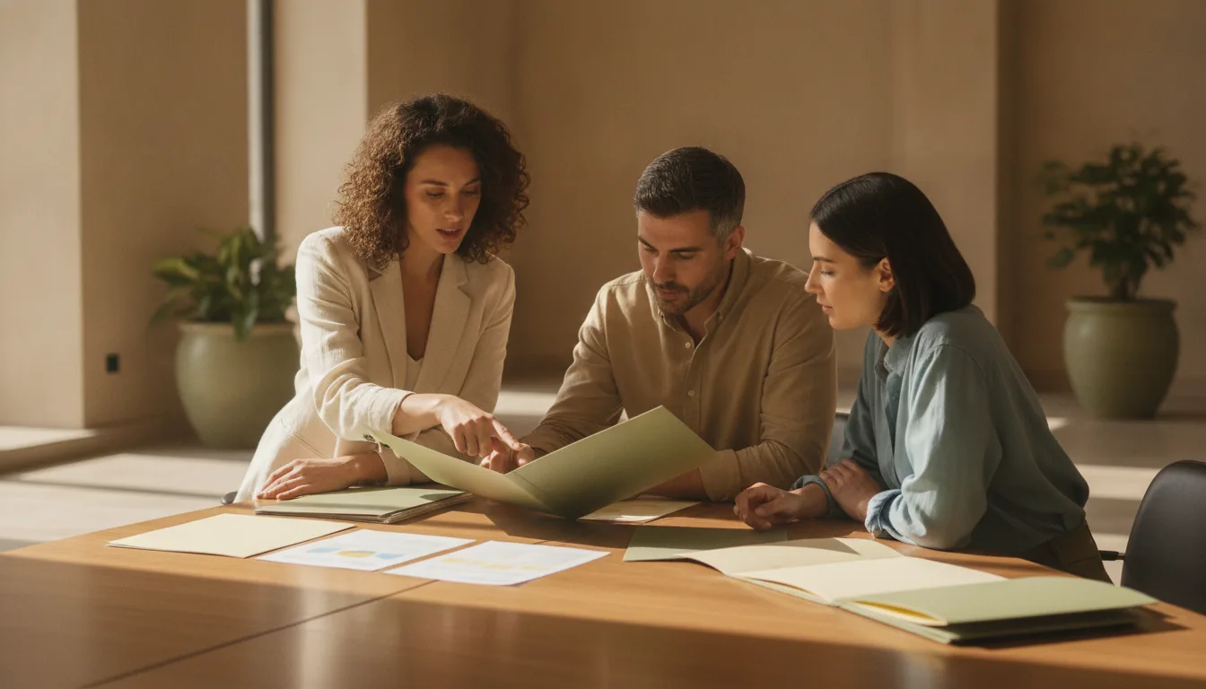 Agency manager and two partner counsellors reviewing student application folders together at a long table in a meeting room