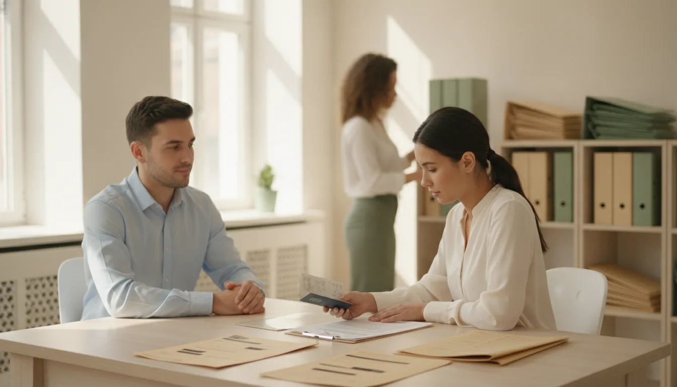 Visa agency staff member at a front desk checking a client's passport and printed documents while a colleague sorts application folders behind her