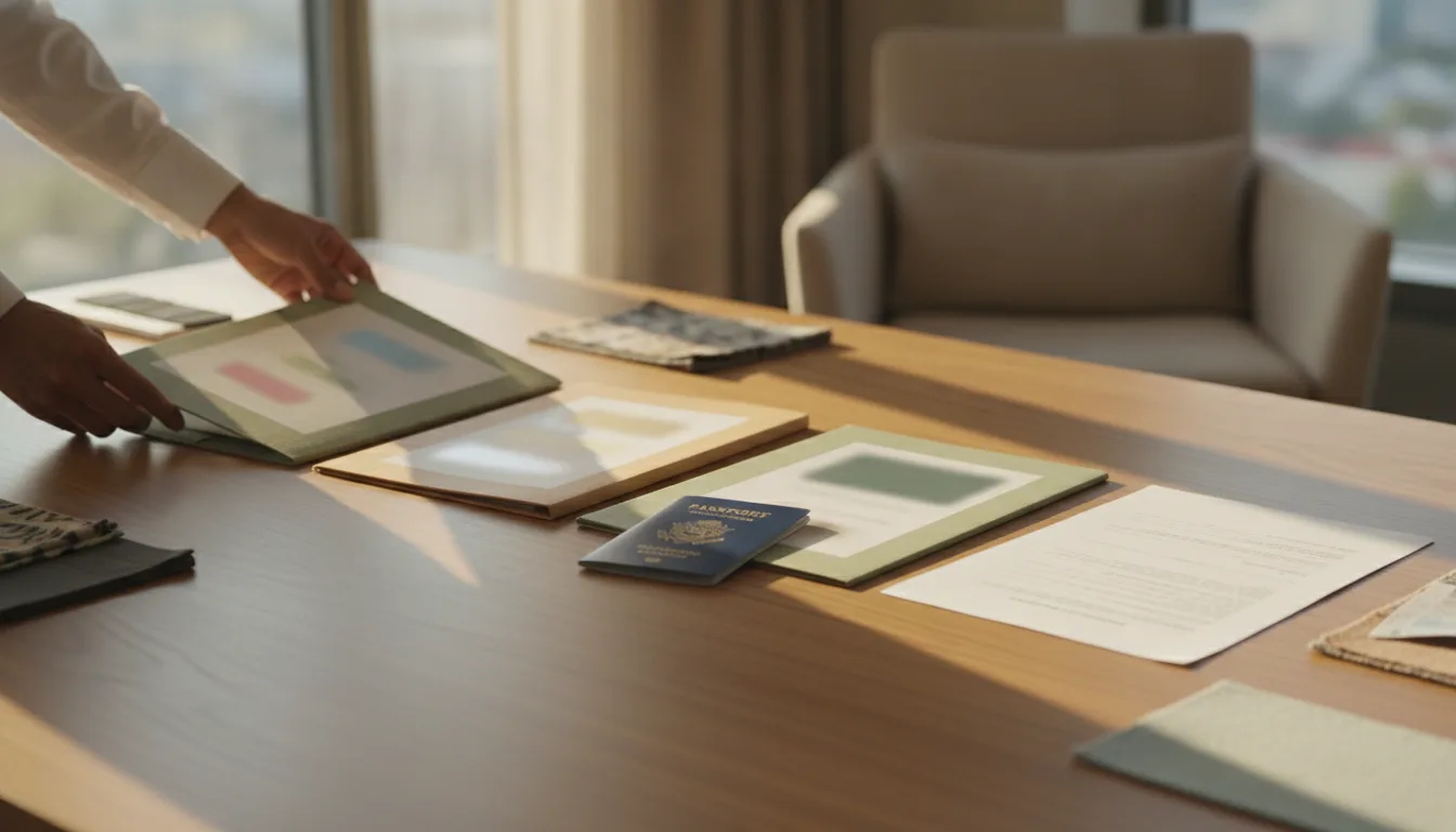 Consultant sequencing several destination visa folders around a single passport and printed travel itinerary