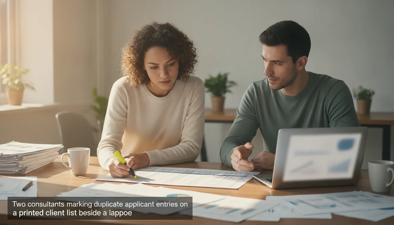 Two consultants marking duplicate applicant entries on a printed client list beside a laptop