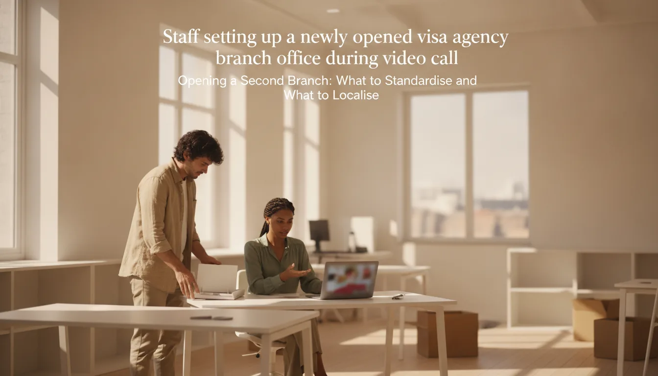Staff setting up a newly opened visa agency branch office during a video call