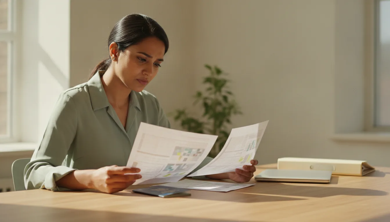Visa consultant comparing two printed supporting documents beside an open passport at a sunlit desk during a file review