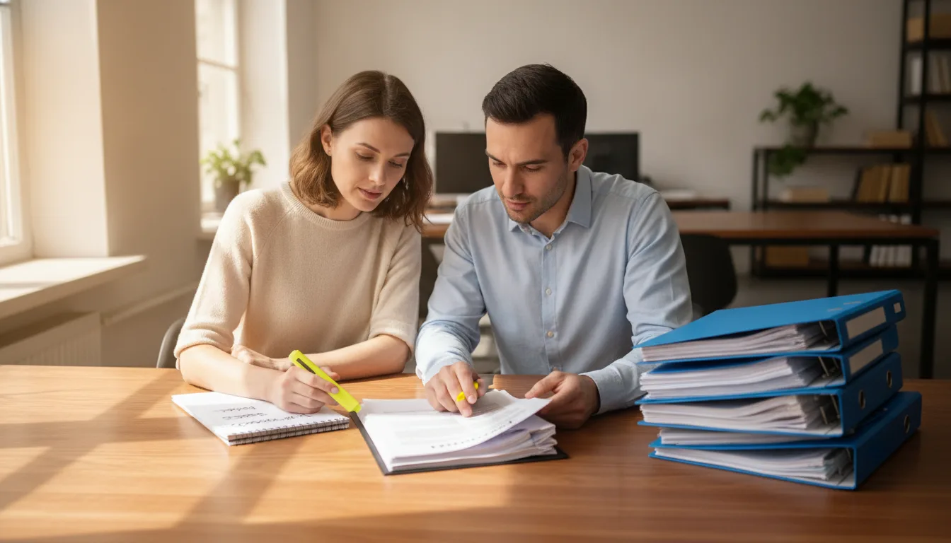 Two colleagues in a bright office comparing a printed supplier contract against a checklist, with a highlighter and passport folders on the table