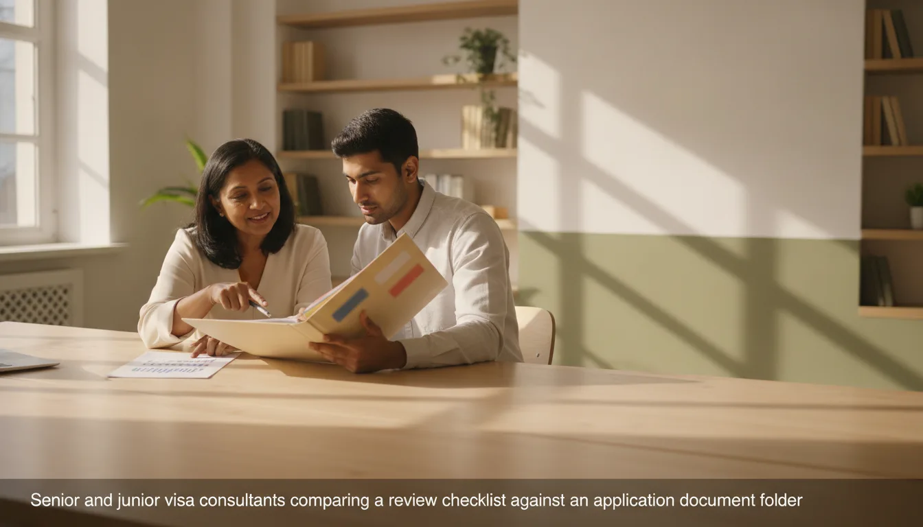 Senior and junior visa consultants comparing a review checklist against an application document folder
