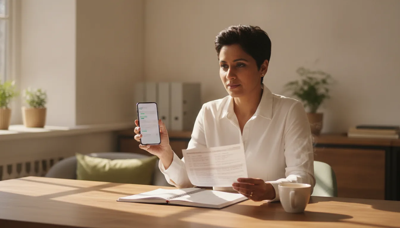 Visa agency staff member sending an appointment reminder from a smartphone while holding a printed document checklist at an office desk