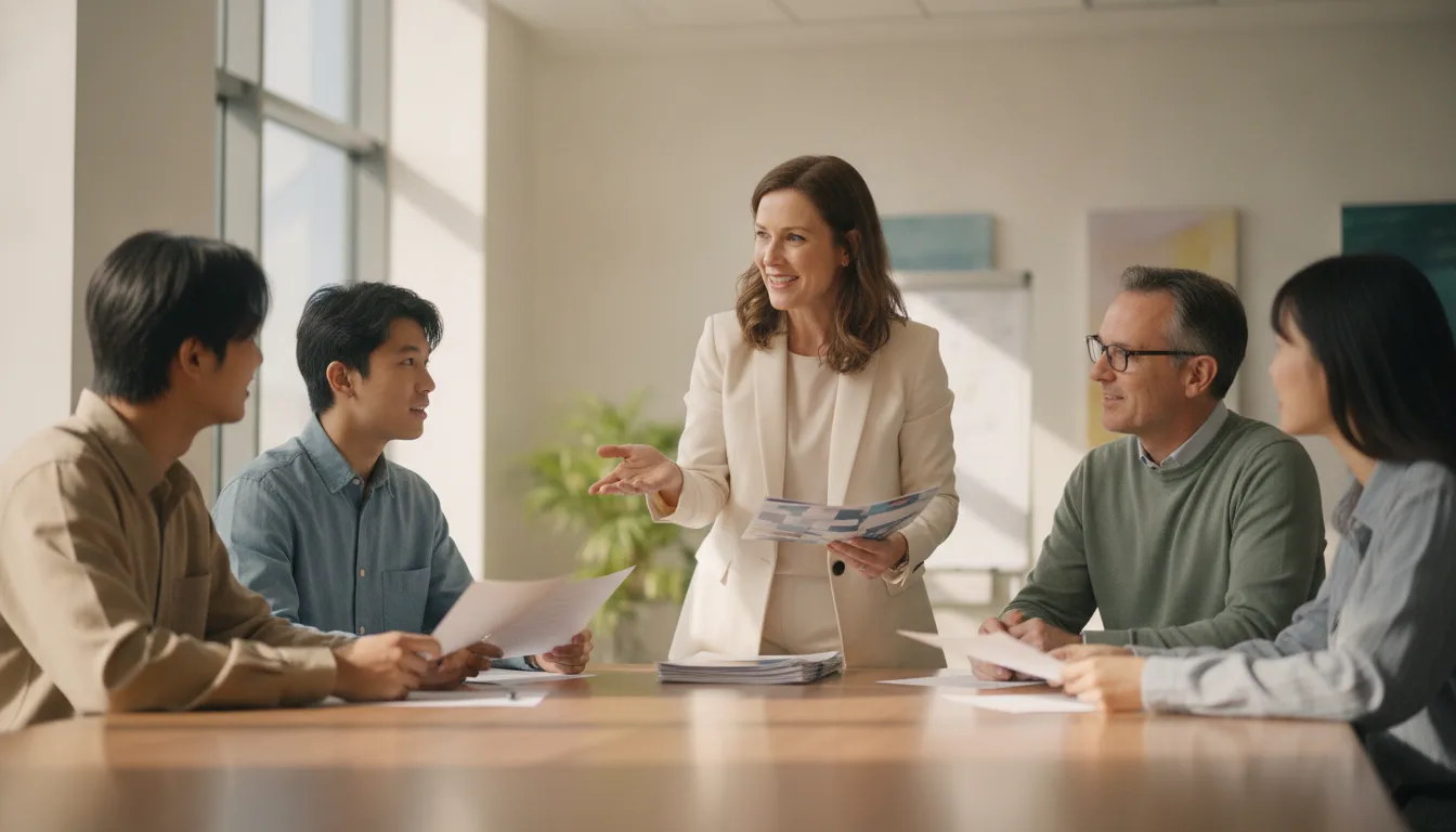 Visa agency adviser talking with a small group of students and a university staff member at an information session in a campus meeting room