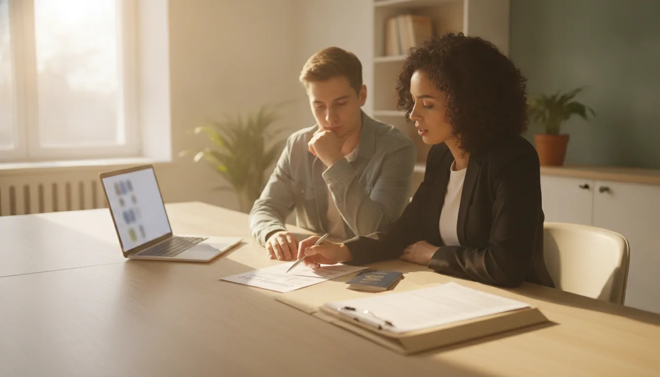 Education consultant and student reviewing a printed study visa document checklist and passport at a sunlit office desk