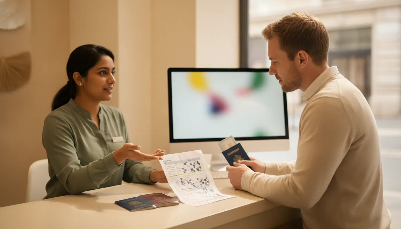 Travel agent and customer discussing visa requirements across a counter with passports and a printed checklist in daylight