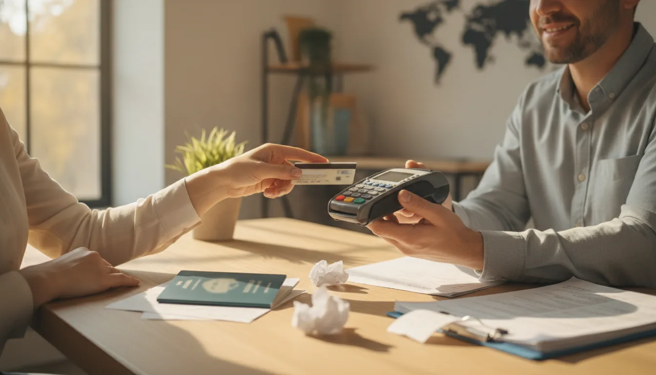 Client paying by card at a visa consultant's desk beside a passport and printed receipts
