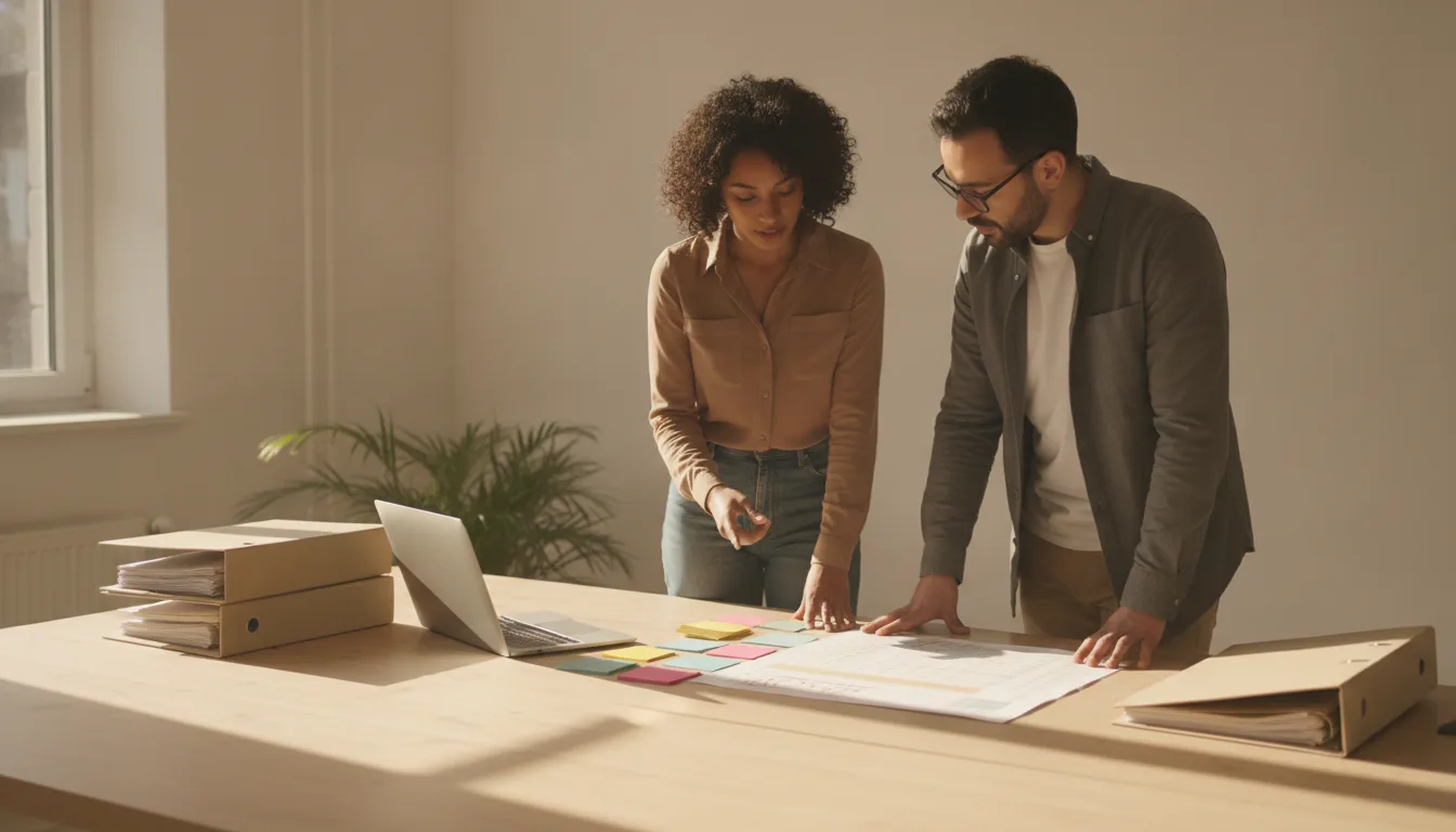 Two agency colleagues mapping client data storage locations with sticky notes and a printed inventory beside archive folders