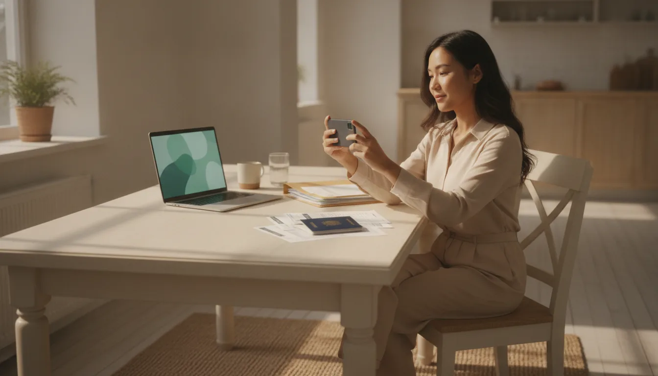 Visa applicant photographing a passport and documents with a phone at a sunlit kitchen table