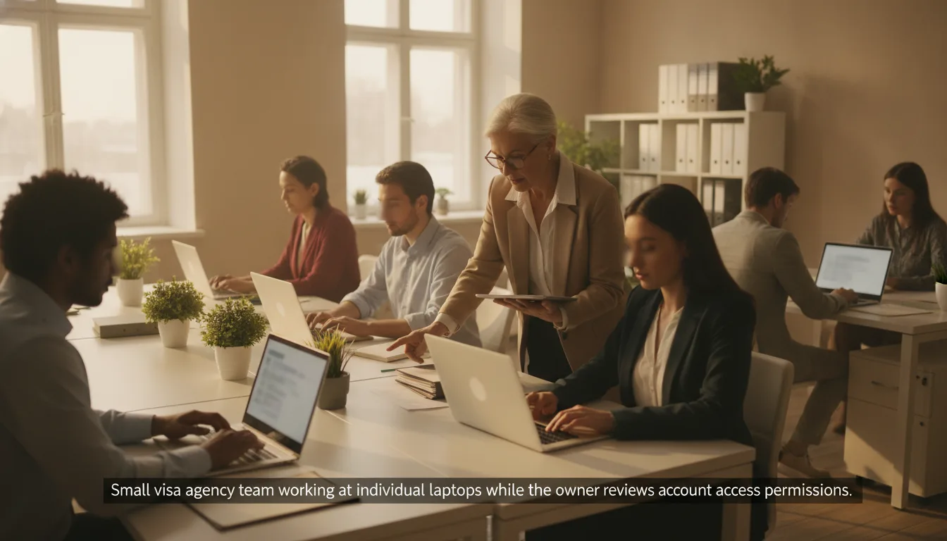 Small visa agency team working at individual laptops while the owner reviews account access permissions