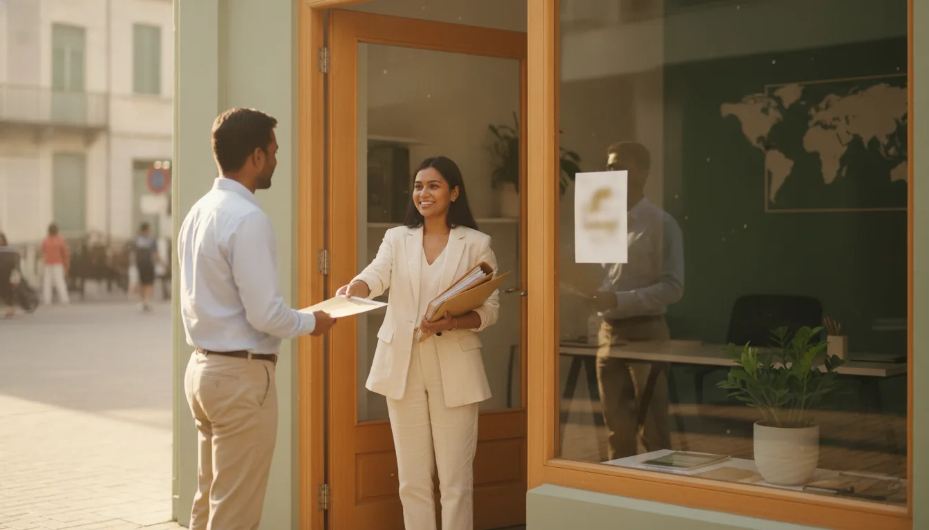Visa consultant greeting a client carrying documents at the doorway of a small street-level agency office