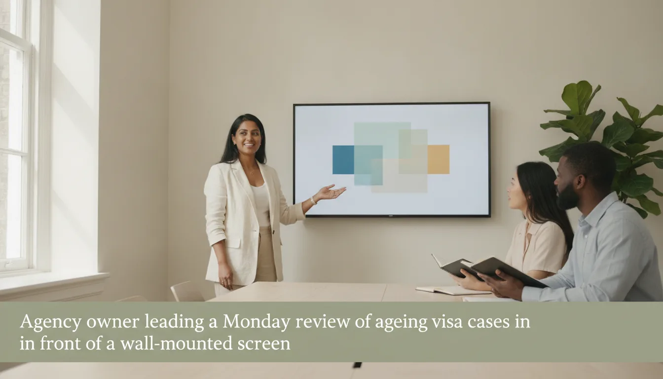 Agency owner leading a Monday review of ageing visa cases in front of a wall-mounted screen