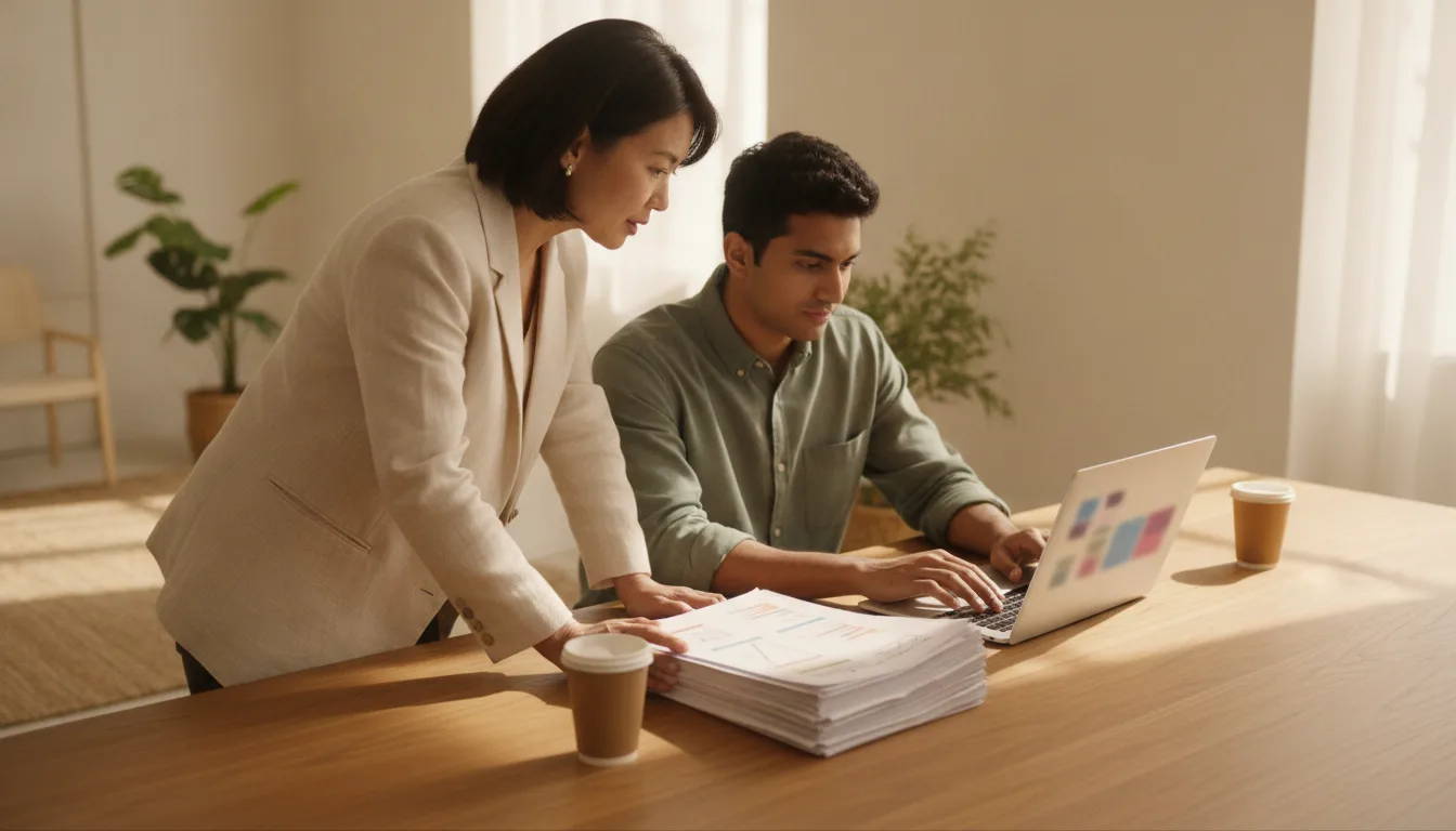 Experienced consultant observing a new team member follow a written visa agency procedure at a laptop