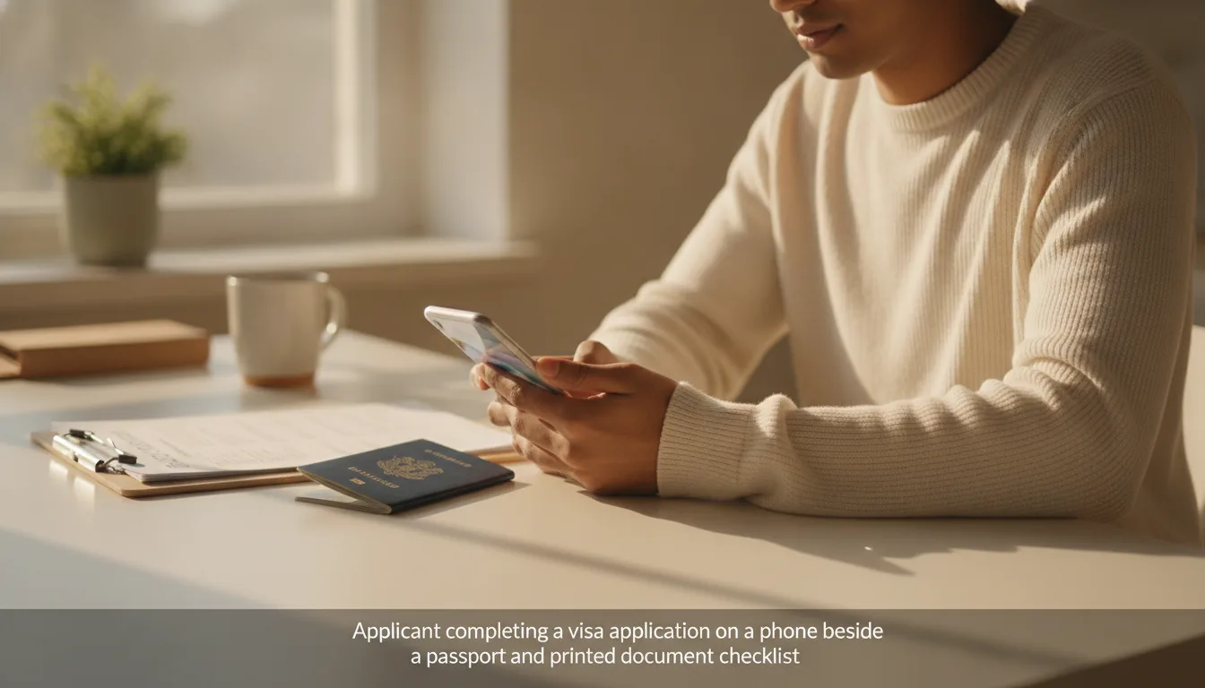 Applicant completing a visa application on a phone beside a passport and printed document checklist