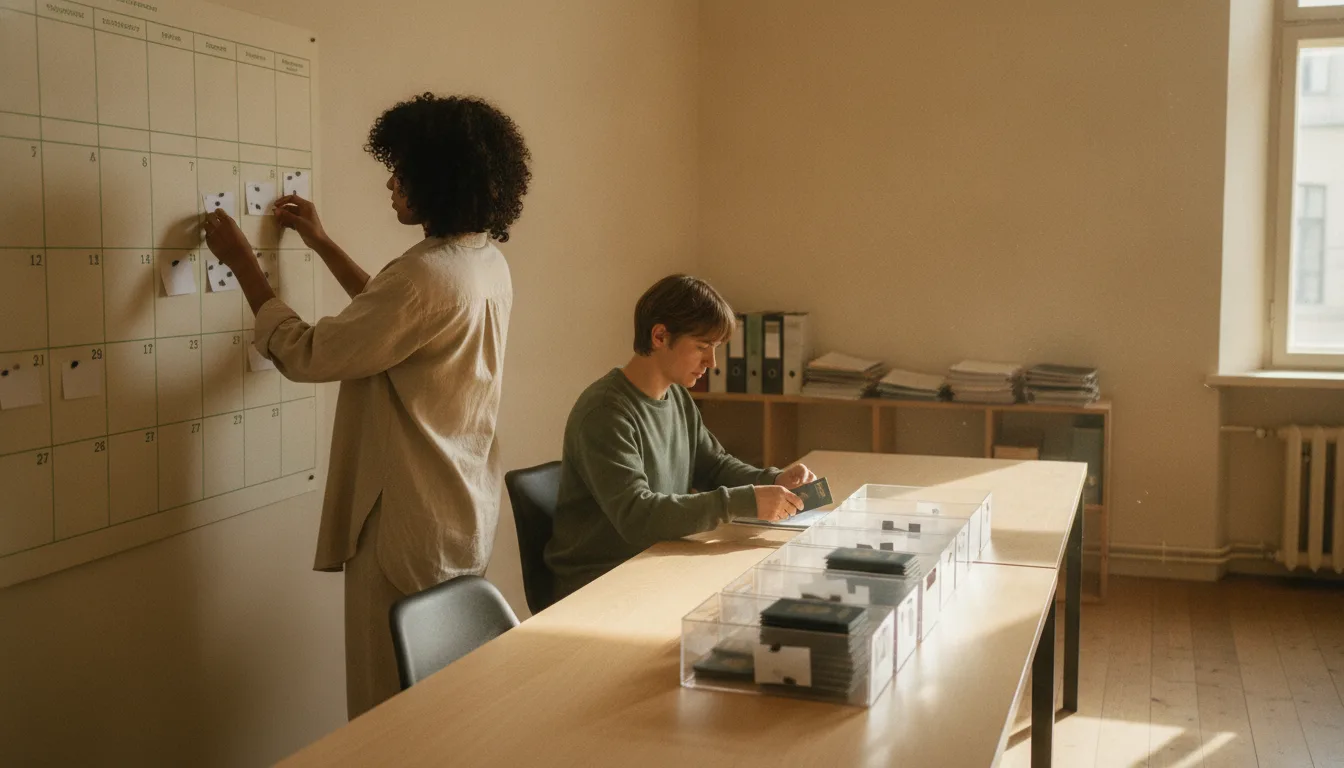 An operations coordinator at a visa agency pinning printed appointment slips to a wall calendar while a colleague sorts client passports into numbered trays