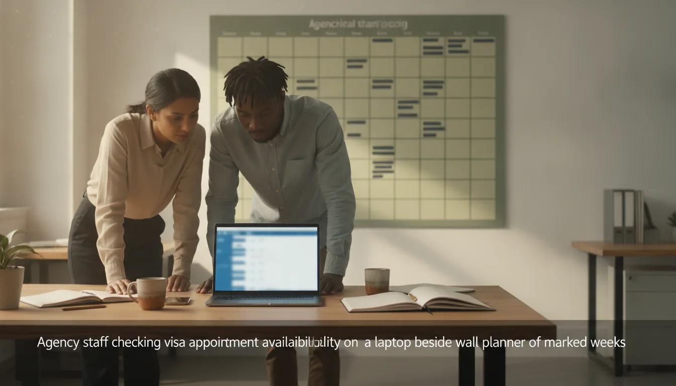 Agency staff checking visa appointment availability on a laptop beside a wall planner of marked weeks