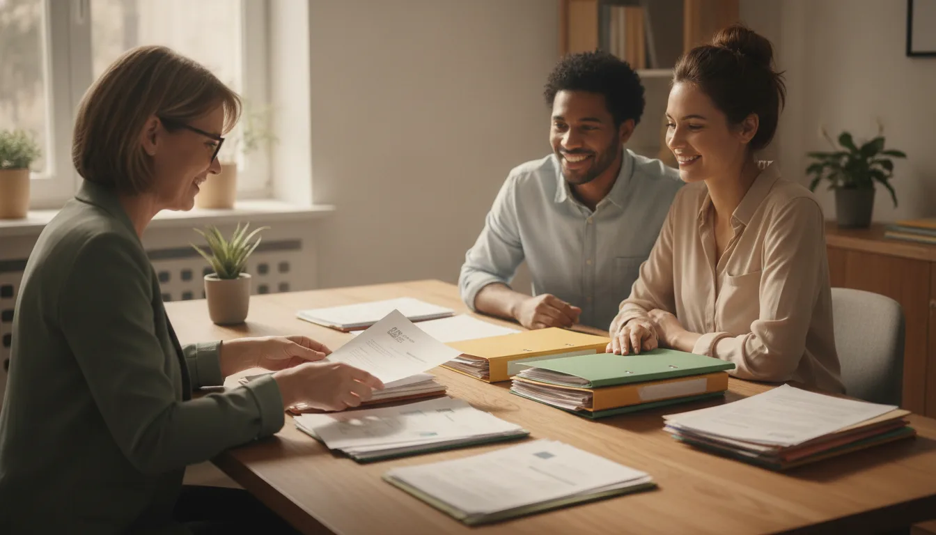 Couple sitting across a desk from a visa consultant who is arranging marriage and birth certificates into separate folders