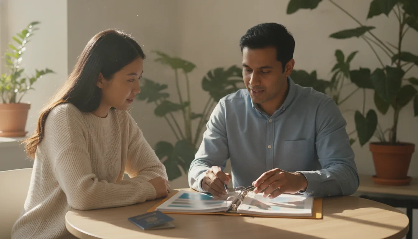 Consultant and client seated side by side at a round table going through a document folder together, the consultant pointing at a page while the client listens