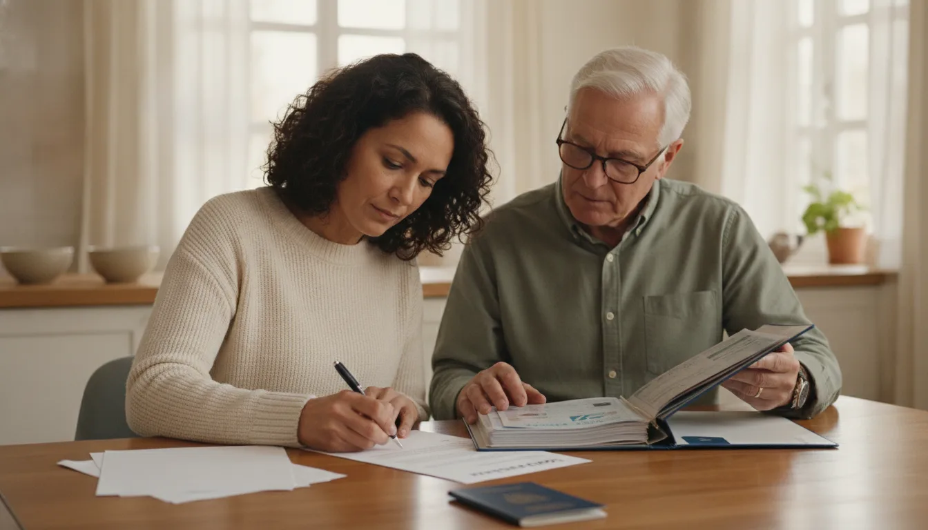 Two adult family members sitting at a kitchen table signing a paper letter while a folder of bank statements and identity documents lies open beside them