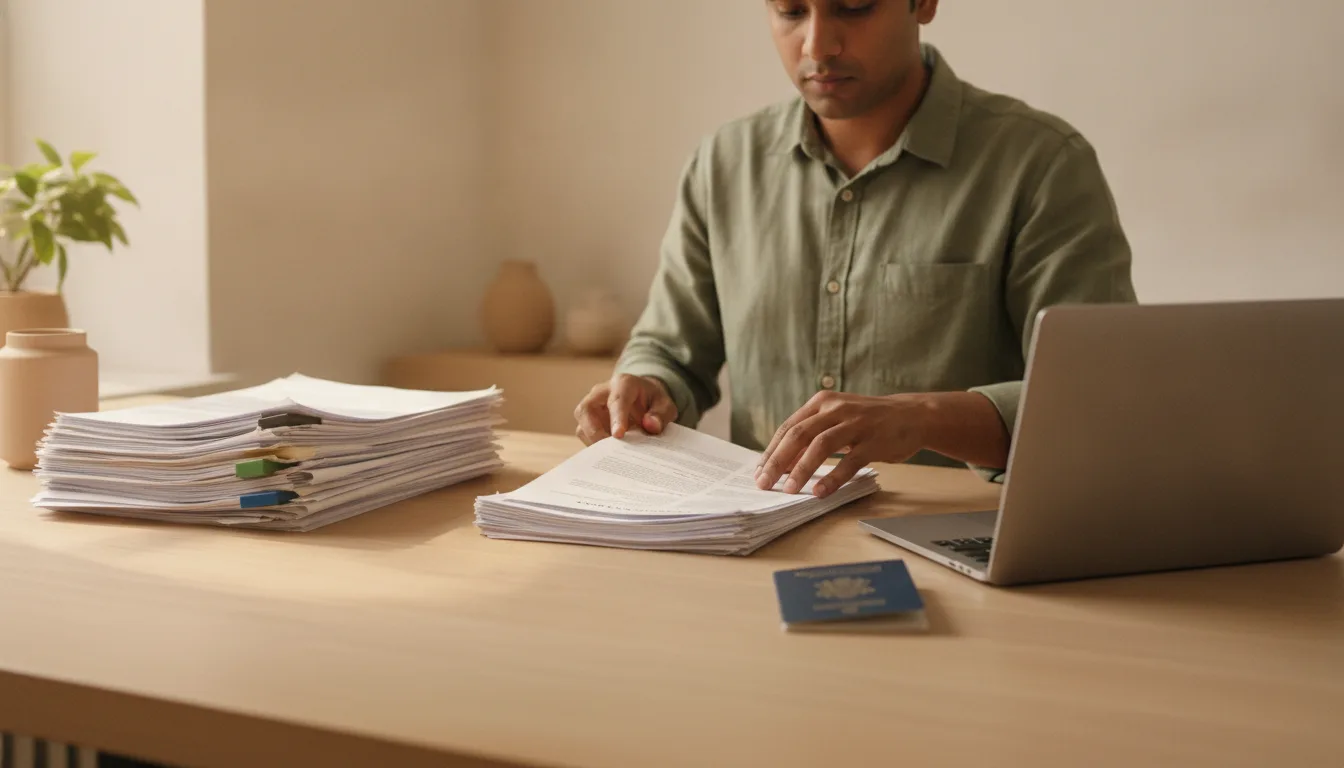 Consultant sorting visa application documents into a small selected stack and a larger discarded pile