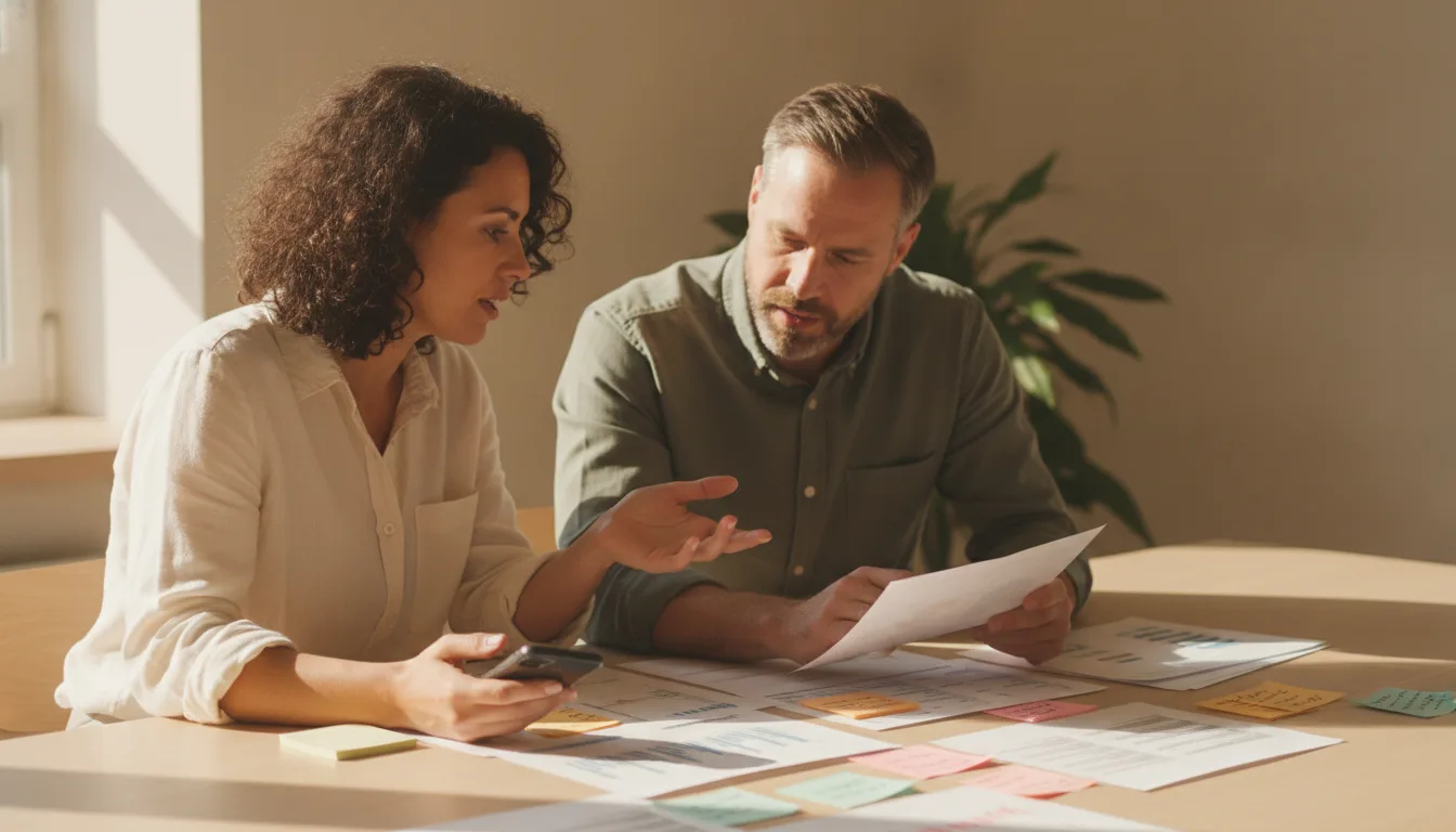 Operations manager in a visa agency office holding a phone and reviewing a printed list of client message types with a colleague